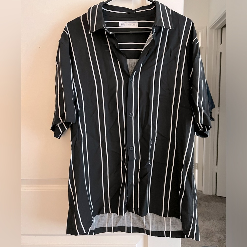 Zara Black and White Striped Casual Button Down Shirt